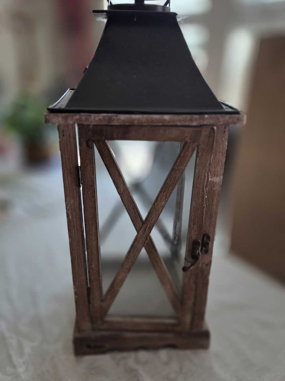 Rustic Brown Wood Lantern with Black Metal Top - Elegant Home Accent